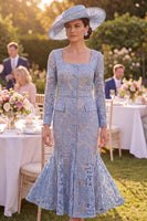 Load image into Gallery viewer, Grey Blue Mermaid Maxi Square Neck Floral Mother of the Bride Dress with Belt