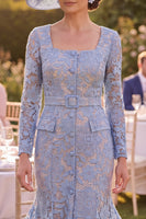 Load image into Gallery viewer, Grey Blue Mermaid Maxi Square Neck Floral Mother of the Bride Dress with Belt