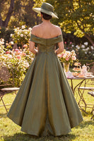 Load image into Gallery viewer, Glitter Olive Ruched A Line Off the Shoulder Long Mother of the Bride Dress