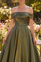 Load image into Gallery viewer, Glitter Olive Ruched A Line Off the Shoulder Long Mother of the Bride Dress