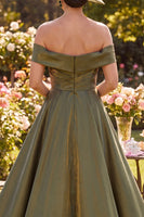 Load image into Gallery viewer, Glitter Olive Ruched A Line Off the Shoulder Long Mother of the Bride Dress