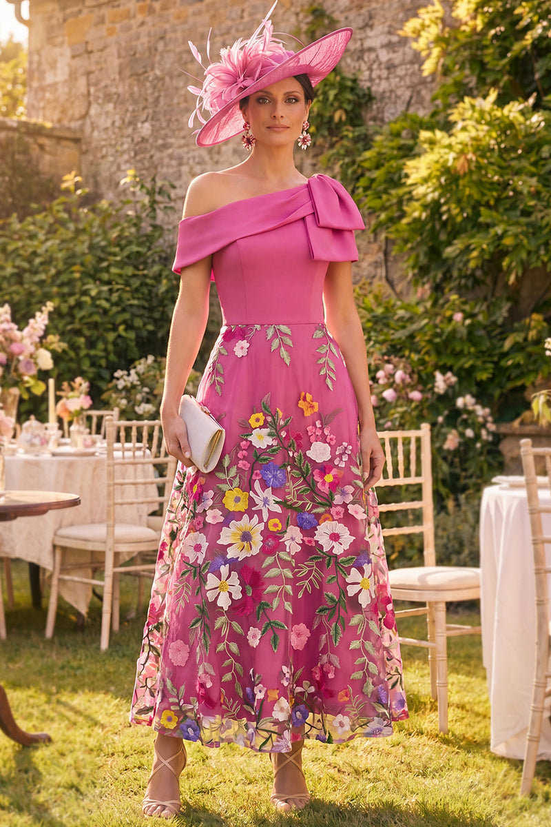 Load image into Gallery viewer, Fuchsia Floral A Line Maxi One Shoulder Mother of the Bride Dress with Bow