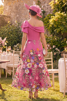Fuchsia Floral A Line Maxi One Shoulder Mother of the Bride Dress with Bow