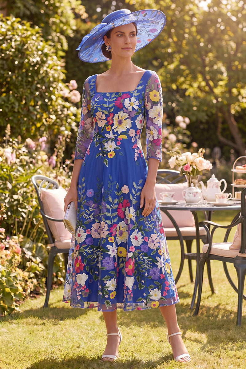 Load image into Gallery viewer, Royal Blue A Line Floral Maxi Square Neck Mother of the Bride Dress