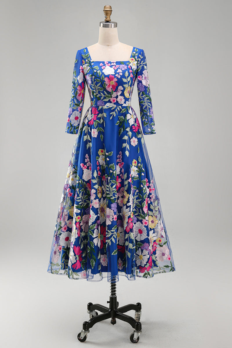 Load image into Gallery viewer, Royal Blue A Line Floral Maxi Square Neck Mother of the Bride Dress