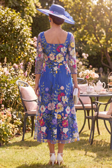 Royal Blue A Line Floral Maxi Square Neck Mother of the Bride Dress