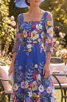 Load image into Gallery viewer, Royal Blue A Line Floral Maxi Square Neck Mother of the Bride Dress