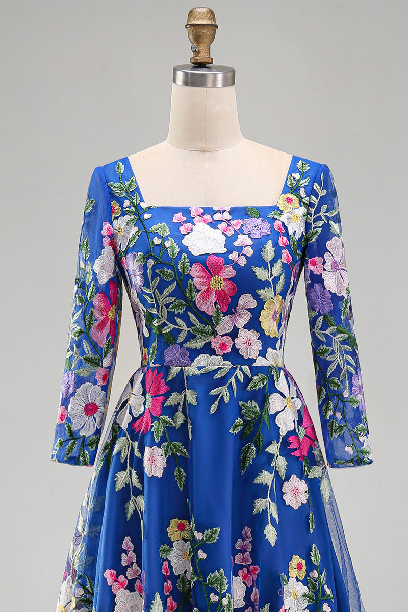 Load image into Gallery viewer, Royal Blue A Line Floral Maxi Square Neck Mother of the Bride Dress