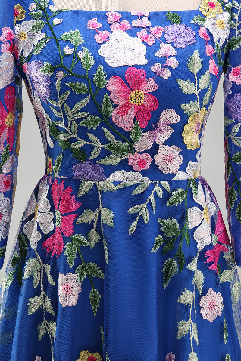 Load image into Gallery viewer, Royal Blue A Line Floral Maxi Square Neck Mother of the Bride Dress