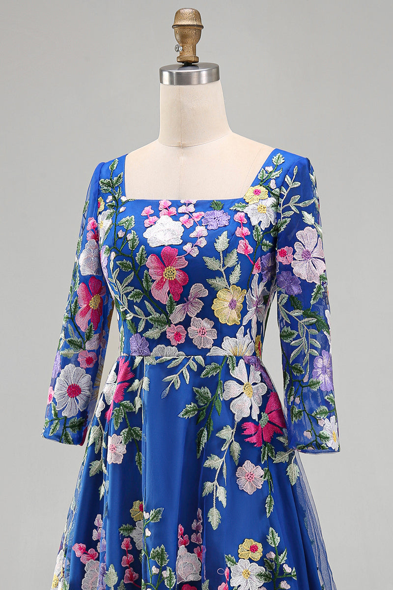 Load image into Gallery viewer, Royal Blue A Line Floral Maxi Square Neck Mother of the Bride Dress