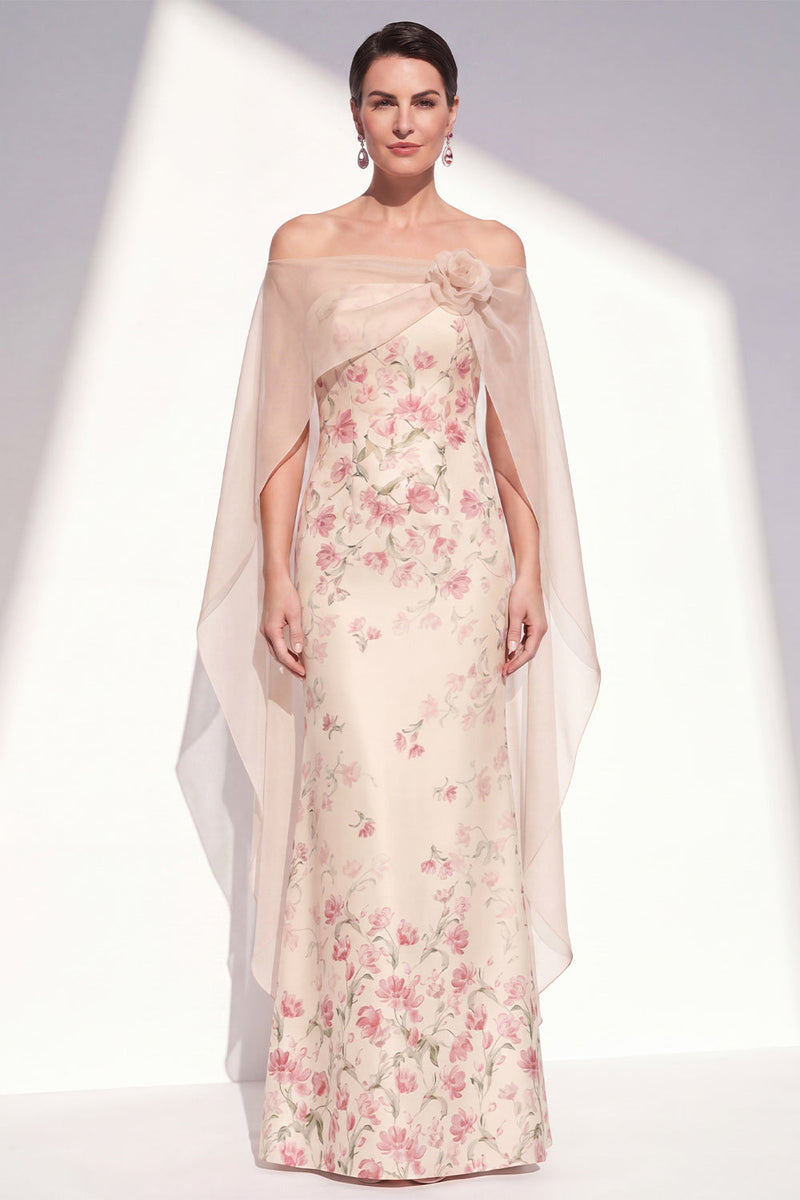 Load image into Gallery viewer, Apricot Mermaid Long Strapless Floral Mother of the Bride Dress with Cape