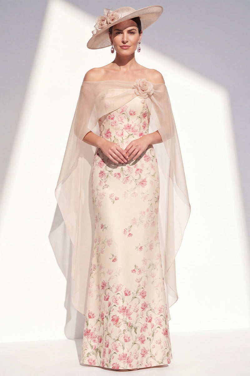 Load image into Gallery viewer, Apricot Mermaid Long Strapless Floral Mother of the Bride Dress with Cape