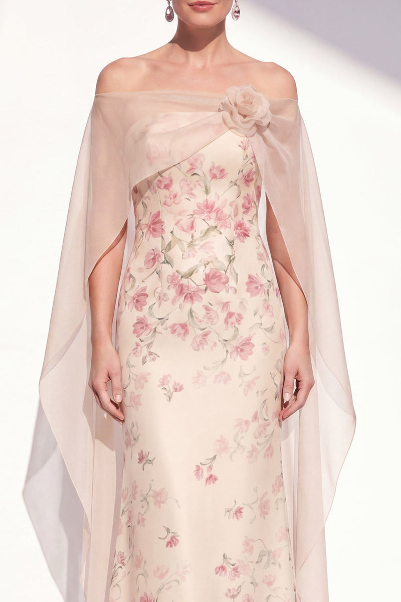 Load image into Gallery viewer, Apricot Mermaid Long Strapless Floral Mother of the Bride Dress with Cape