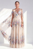 Load image into Gallery viewer, Champagne A Line Long Pleated Floral V-Neck Mother of the Bride Dress with Cape