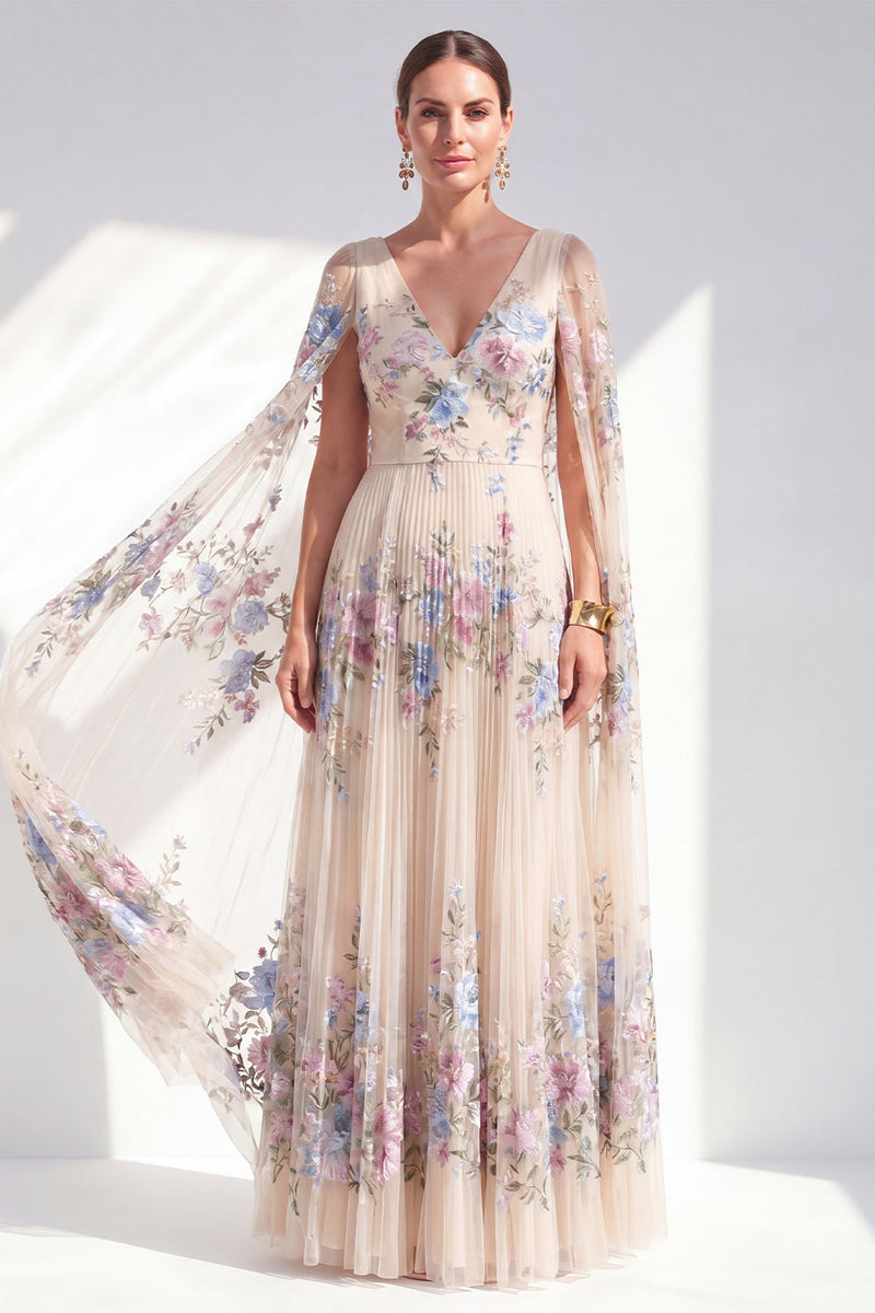 Load image into Gallery viewer, Champagne A Line Long Pleated Floral V-Neck Mother of the Bride Dress with Cape