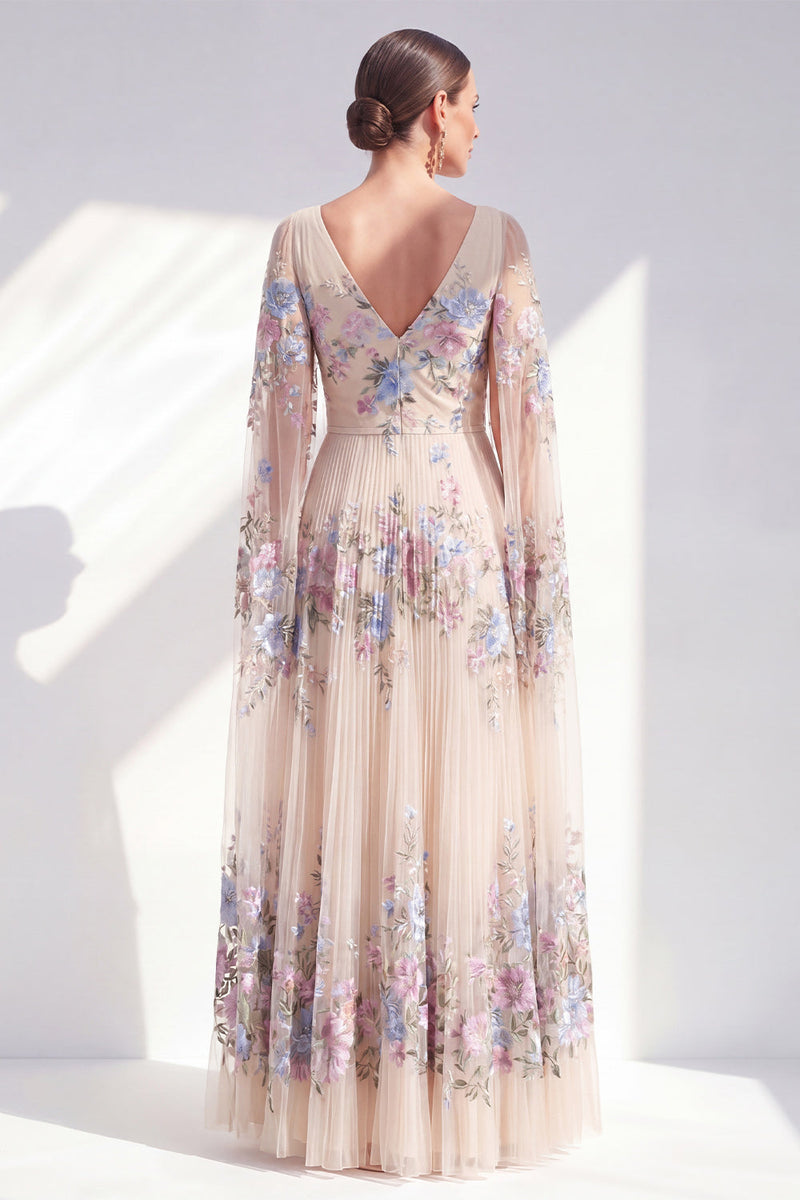 Load image into Gallery viewer, Champagne A Line Long Pleated Floral V-Neck Mother of the Bride Dress with Cape
