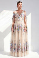 Load image into Gallery viewer, Champagne A Line Long Pleated Floral V-Neck Mother of the Bride Dress with Cape