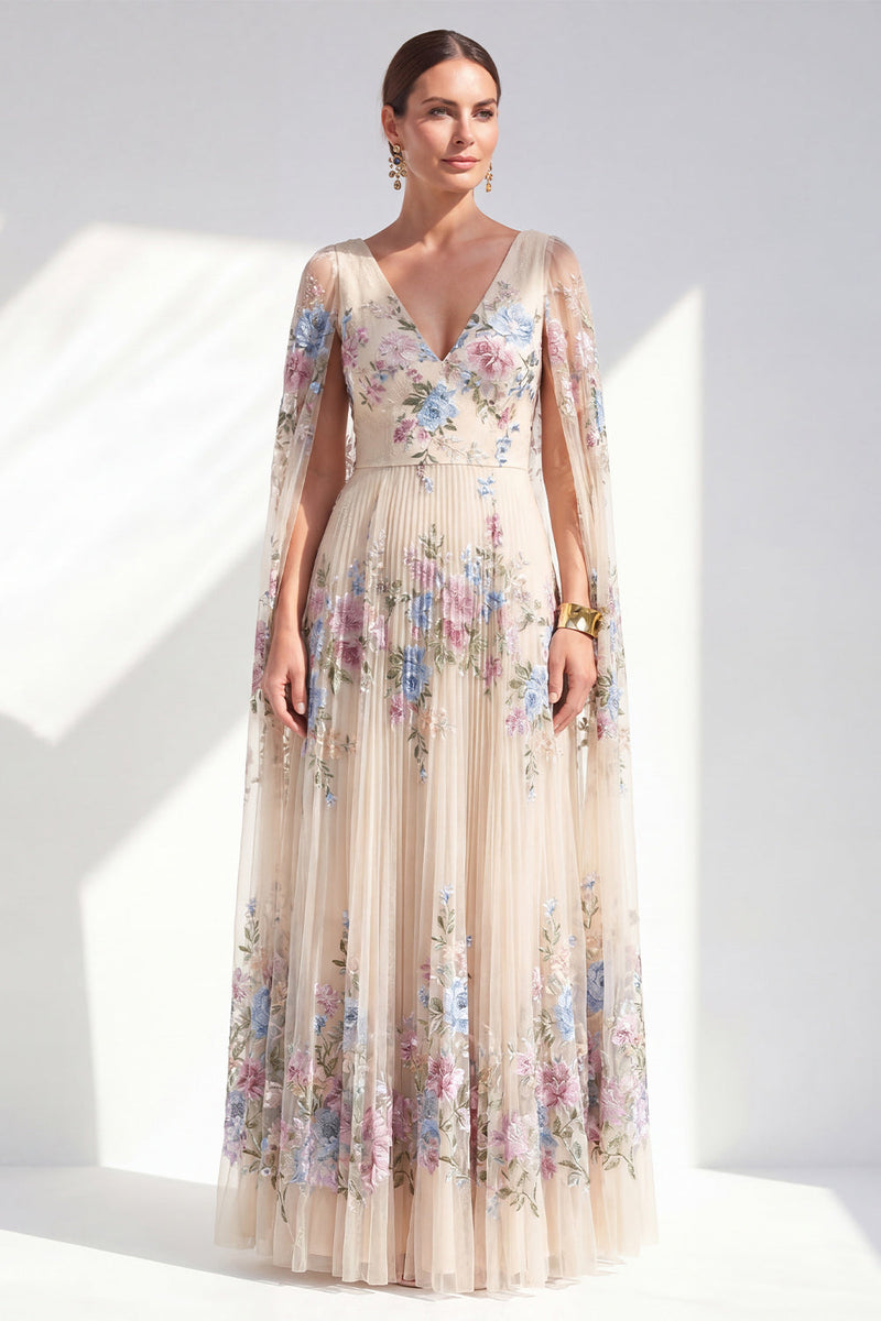 Load image into Gallery viewer, Champagne A Line Long Pleated Floral V-Neck Mother of the Bride Dress with Cape