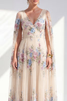 Load image into Gallery viewer, Champagne A Line Long Pleated Floral V-Neck Mother of the Bride Dress with Cape