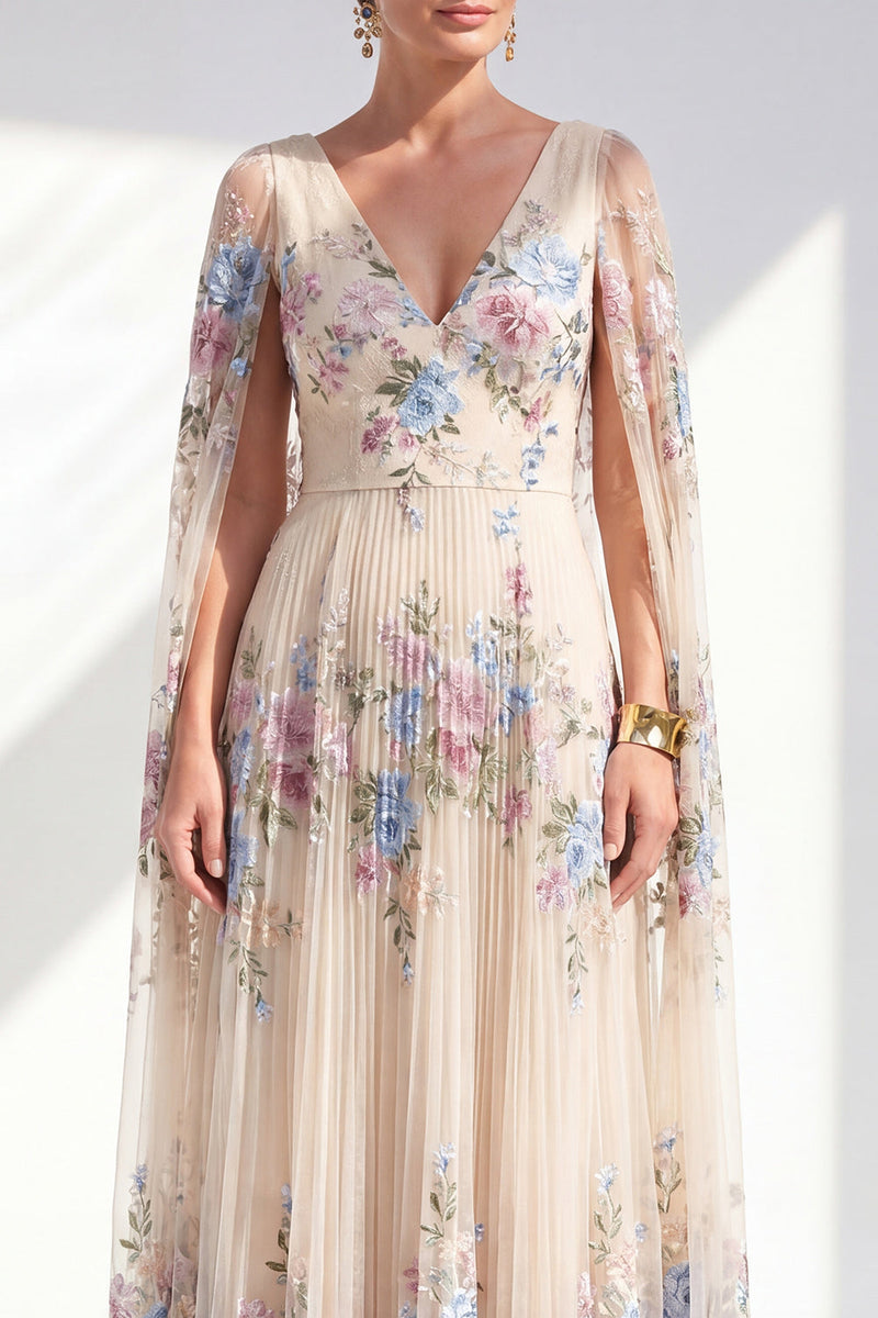 Load image into Gallery viewer, Champagne A Line Long Pleated Floral V-Neck Mother of the Bride Dress with Cape
