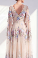 Load image into Gallery viewer, Champagne A Line Long Pleated Floral V-Neck Mother of the Bride Dress with Cape