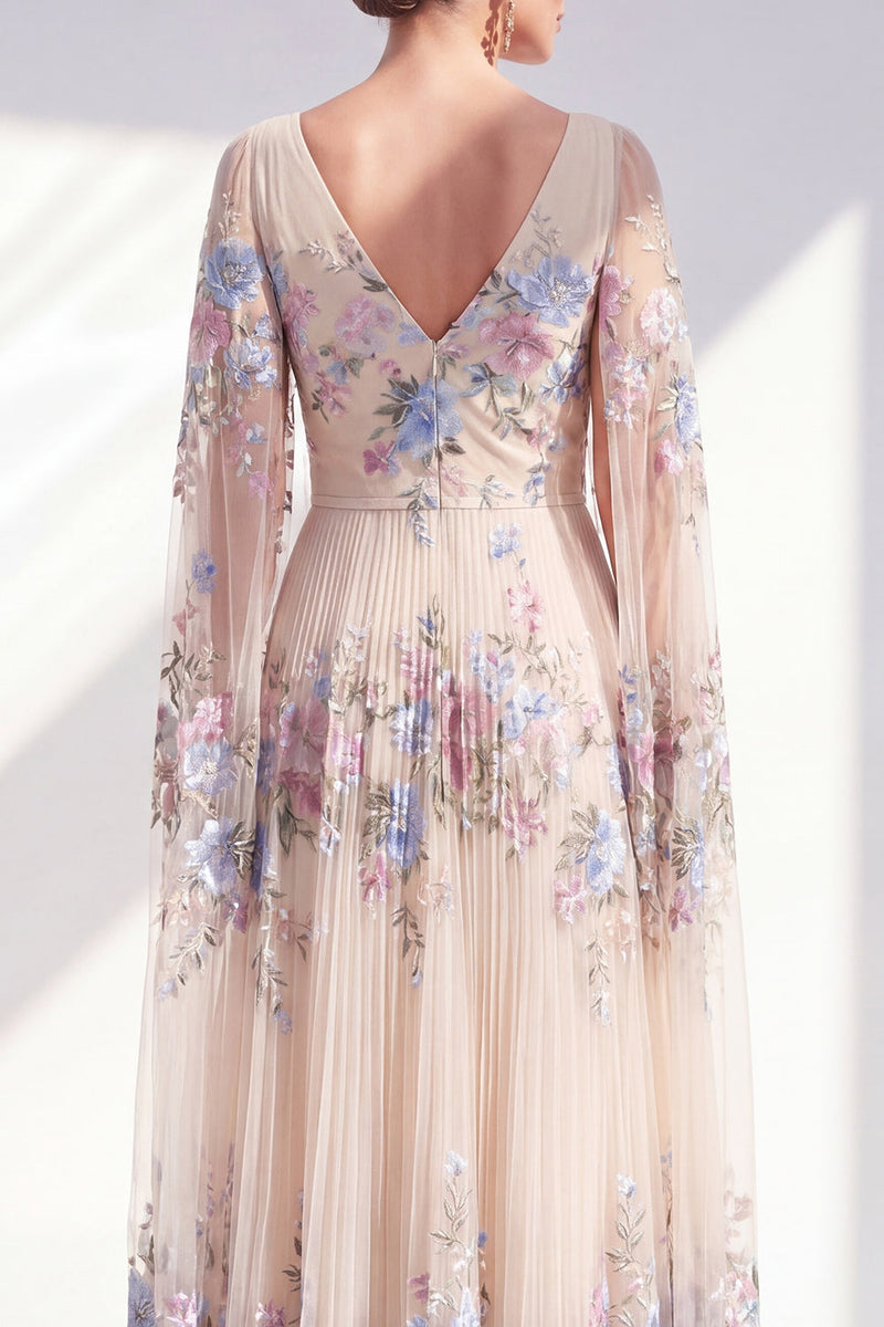 Load image into Gallery viewer, Champagne A Line Long Pleated Floral V-Neck Mother of the Bride Dress with Cape