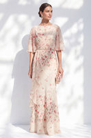 Load image into Gallery viewer, Blue Sheath Floral Long Boat Neck Mother of the Bride Dress with Ruffles