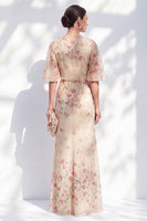 Load image into Gallery viewer, Blue Sheath Floral Long Boat Neck Mother of the Bride Dress with Ruffles
