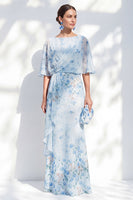 Load image into Gallery viewer, Blue Sheath Floral Long Boat Neck Mother of the Bride Dress with Ruffles