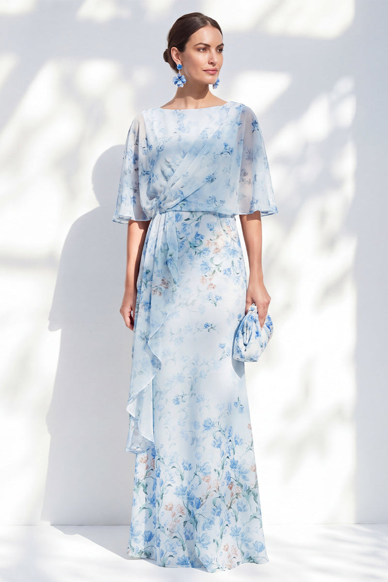 Load image into Gallery viewer, Blue Sheath Floral Long Boat Neck Mother of the Bride Dress with Ruffles