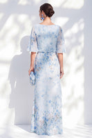 Load image into Gallery viewer, Blue Sheath Floral Long Boat Neck Mother of the Bride Dress with Ruffles