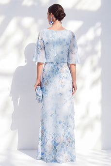 Blue Sheath Floral Long Boat Neck Mother of the Bride Dress with Ruffles