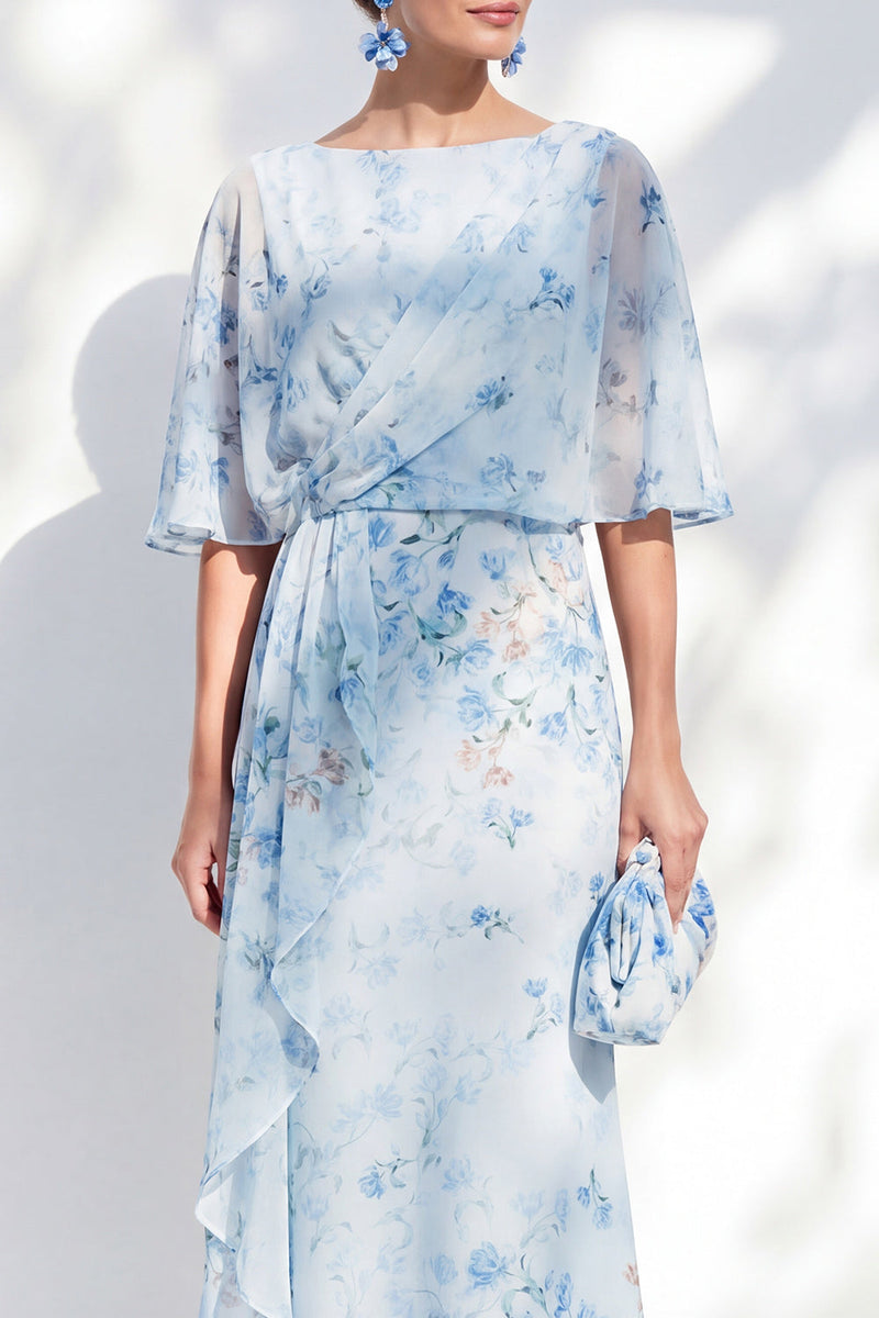 Load image into Gallery viewer, Blue Sheath Floral Long Boat Neck Mother of the Bride Dress with Ruffles