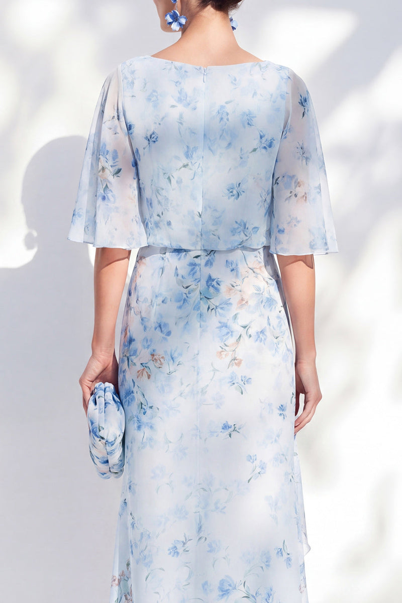 Load image into Gallery viewer, Blue Sheath Floral Long Boat Neck Mother of the Bride Dress with Ruffles