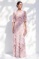 Load image into Gallery viewer, Blue Sheath Floral Long Boat Neck Mother of the Bride Dress with Ruffles