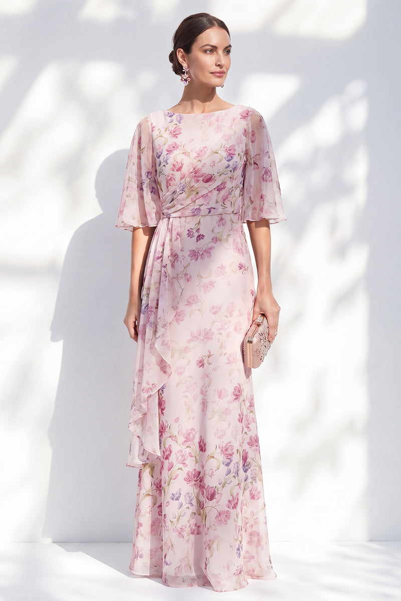 Load image into Gallery viewer, Blue Sheath Floral Long Boat Neck Mother of the Bride Dress with Ruffles