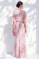 Load image into Gallery viewer, Blue Sheath Floral Long Boat Neck Mother of the Bride Dress with Ruffles