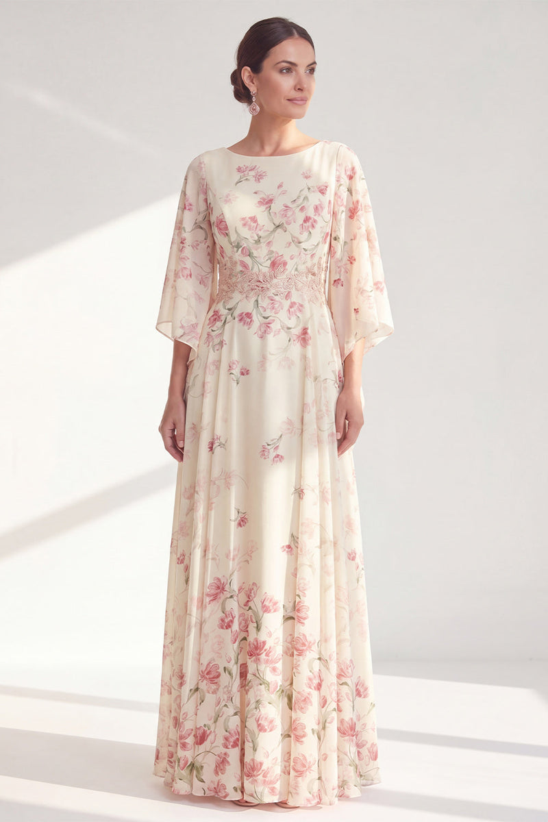 Load image into Gallery viewer, A Line Apricot Boat Neck Long Floral Mother of the Bride Dress