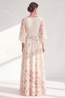 A Line Apricot Boat Neck Long Floral Mother of the Bride Dress