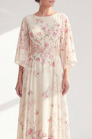 Load image into Gallery viewer, A Line Apricot Boat Neck Long Floral Mother of the Bride Dress