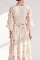 Load image into Gallery viewer, A Line Apricot Boat Neck Long Floral Mother of the Bride Dress