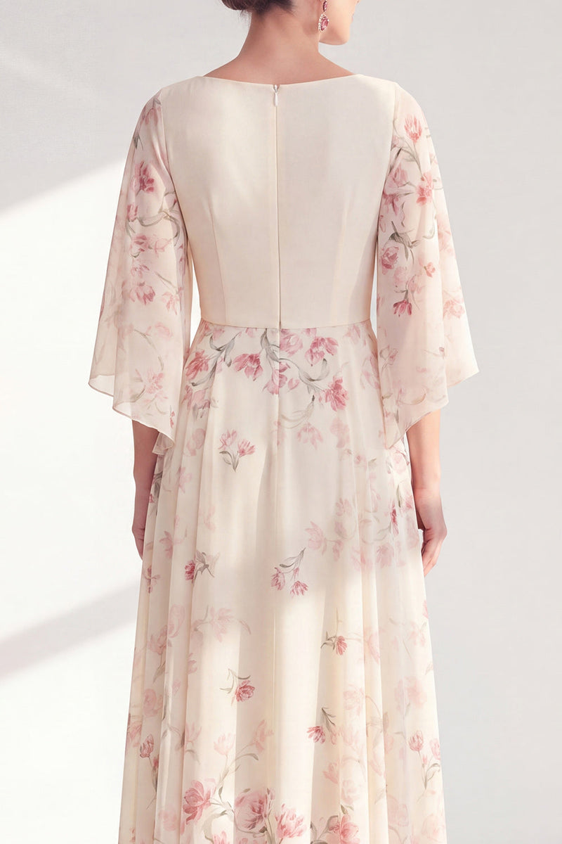 Load image into Gallery viewer, A Line Apricot Boat Neck Long Floral Mother of the Bride Dress