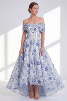 Load image into Gallery viewer, Blue Floral Off the Shoulder A Line Long Mother of the Bride Dress