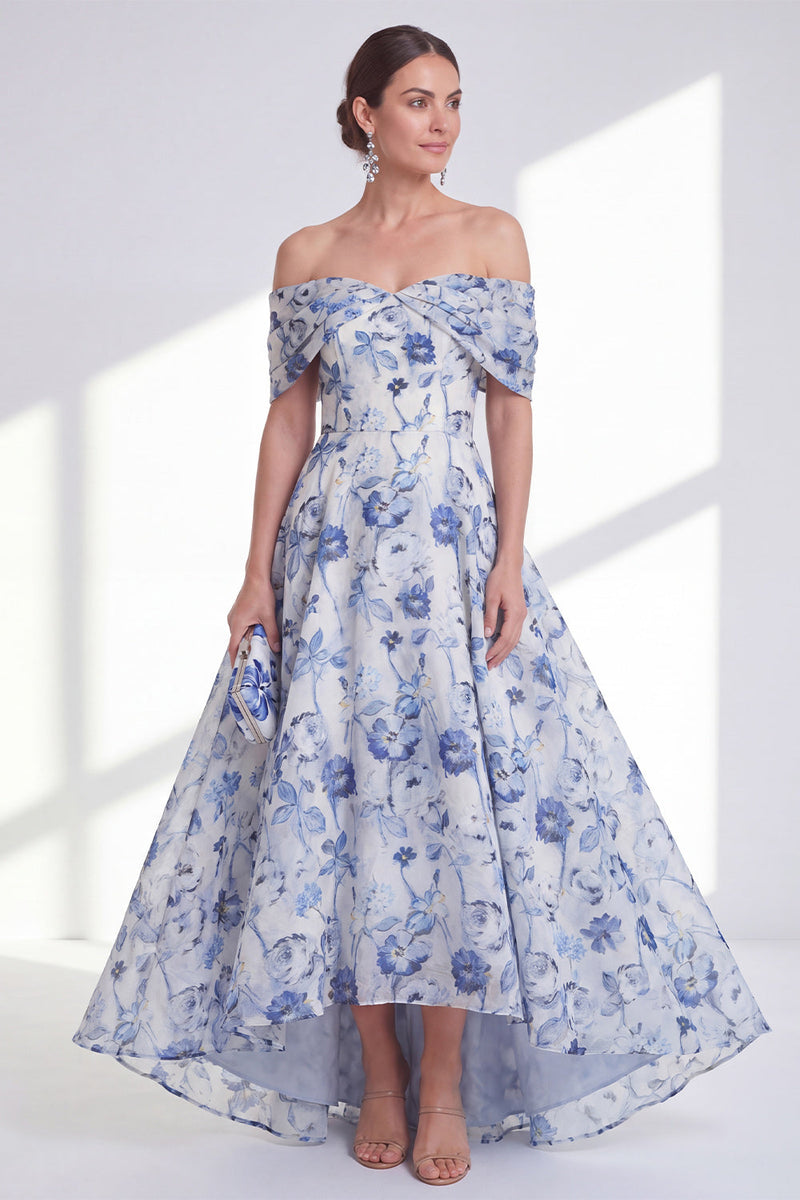 Load image into Gallery viewer, Blue Floral Off the Shoulder A Line Long Mother of the Bride Dress