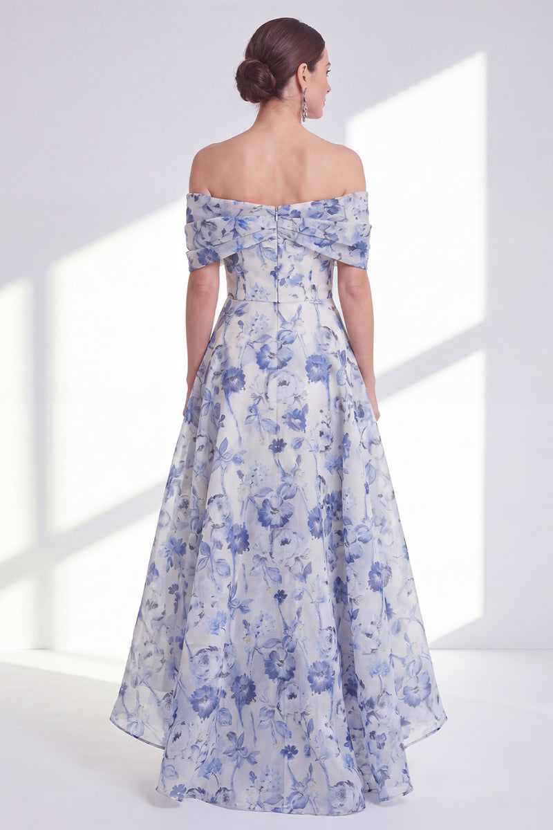 Load image into Gallery viewer, Blue Floral Off the Shoulder A Line Long Mother of the Bride Dress