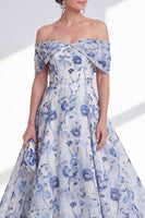 Load image into Gallery viewer, Blue Floral Off the Shoulder A Line Long Mother of the Bride Dress