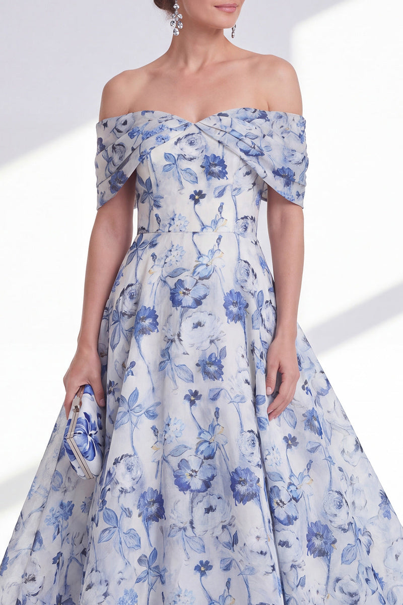 Load image into Gallery viewer, Blue Floral Off the Shoulder A Line Long Mother of the Bride Dress