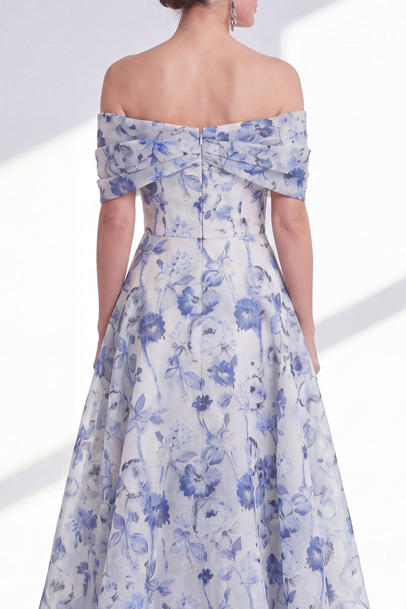 Load image into Gallery viewer, Blue Floral Off the Shoulder A Line Long Mother of the Bride Dress