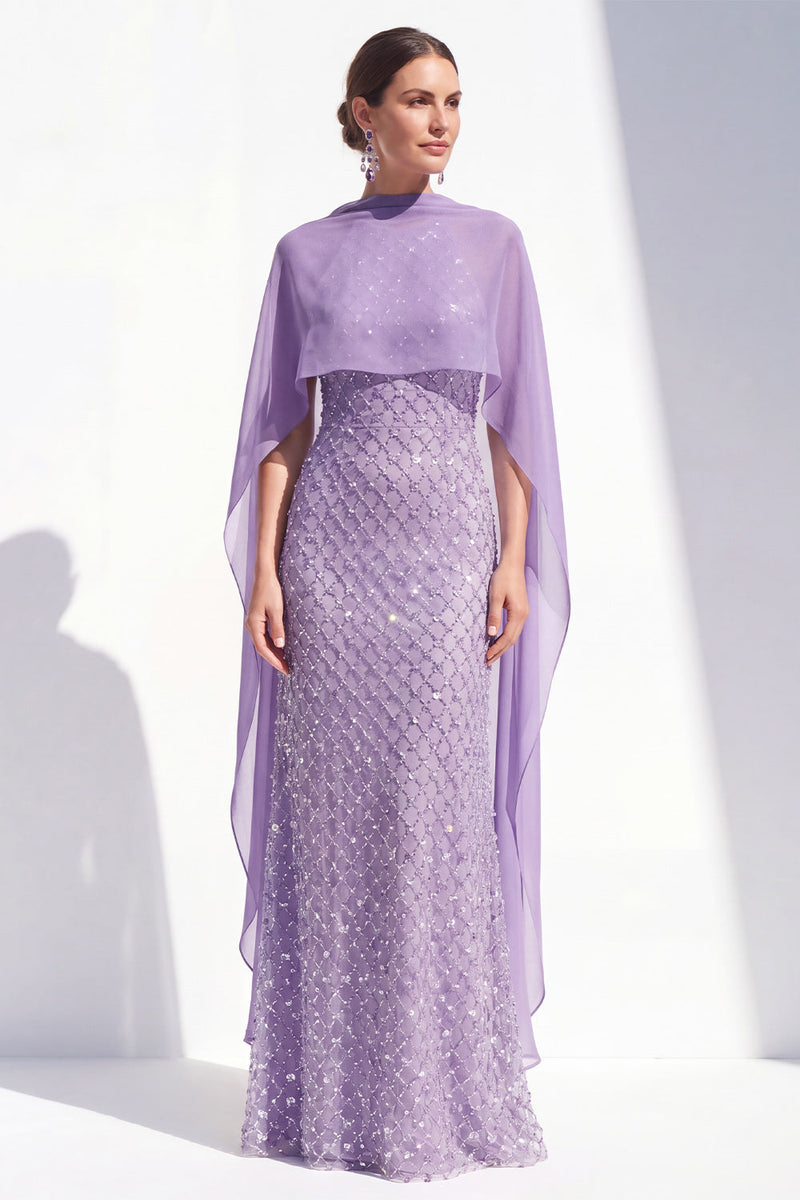 Load image into Gallery viewer, Sparkly Purple Mermaid Beaded Long Mother of the Bride Dress with Cape