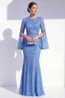 Load image into Gallery viewer, Sparkly Blue Mermaid Boat Neck Long Beaded Mother of the Bride Dress with Sleeves